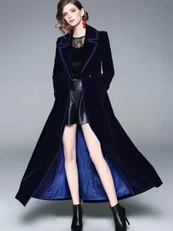 Manteau Femme Long Hiver Moulant en Satin à Col Revers avec Manches Longues Coupe Cintrée avec Boutons avec Poches Unicolore