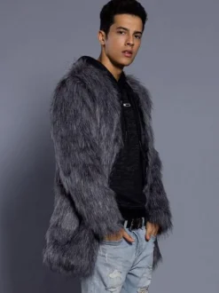 Manteau gris fuzzy manteau d'hiver hommes fausse fourrure