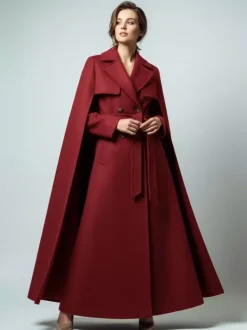 Manteau long croisé en laine avec cape et ceinture amovibles pour femme 2026