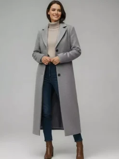 Manteau long droit en laine à simple boutonnage et revers cranté classique collection femme 2026