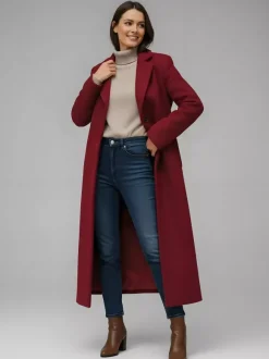 Manteau long droit en laine à simple boutonnage et revers cranté classique collection femme 2026