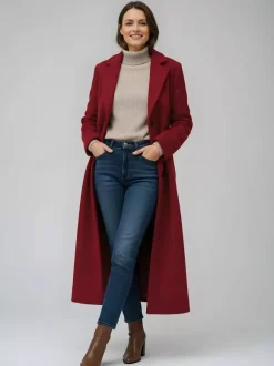 Manteau long droit en laine à simple boutonnage et revers cranté classique collection femme 2026