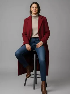 Manteau long droit en laine à simple boutonnage et revers cranté classique collection femme 2026