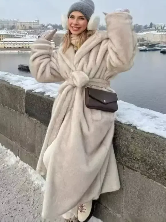 Manteau long en fausse fourrure avec capuche vêtement d'extérieur surdimensionné d'hiver pour femme abricot clair 2026