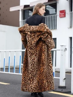 Manteau long en fausse fourrure léopard veste longue écologique d'hiver pour femme 2026