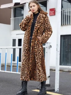 Manteau long en fausse fourrure léopard veste longue écologique d'hiver pour femme 2026