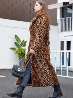 Manteau long en fausse fourrure léopard veste longue écologique d'hiver pour femme 2026