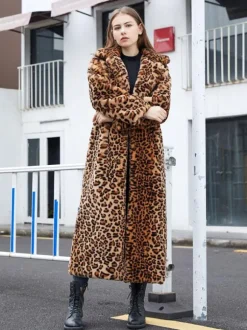 Manteau long en fausse fourrure léopard veste longue écologique d'hiver pour femme 2026
