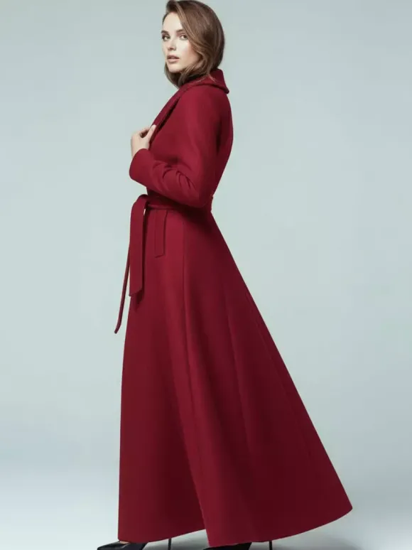 Manteau long en laine ceinturé à col châle et double boutonnage pour femme 2026