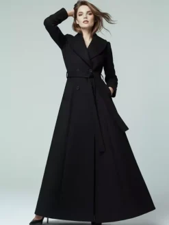 Manteau long en laine ceinturé à col châle et double boutonnage pour femme 2026