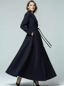Manteau long en laine ceinturé à col châle et double boutonnage pour femme 2026