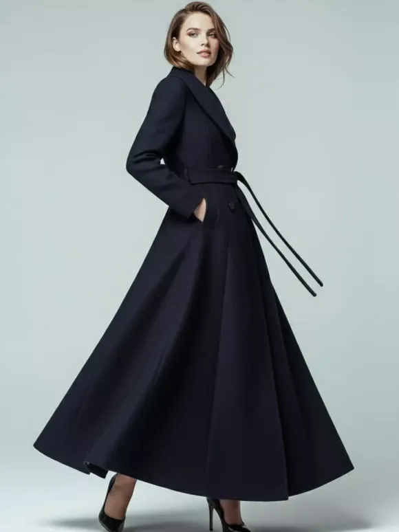 Manteau long en laine ceinturé à col châle et double boutonnage pour femme 2026