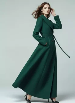 Manteau long en laine ceinturé à col châle et double boutonnage pour femme 2026