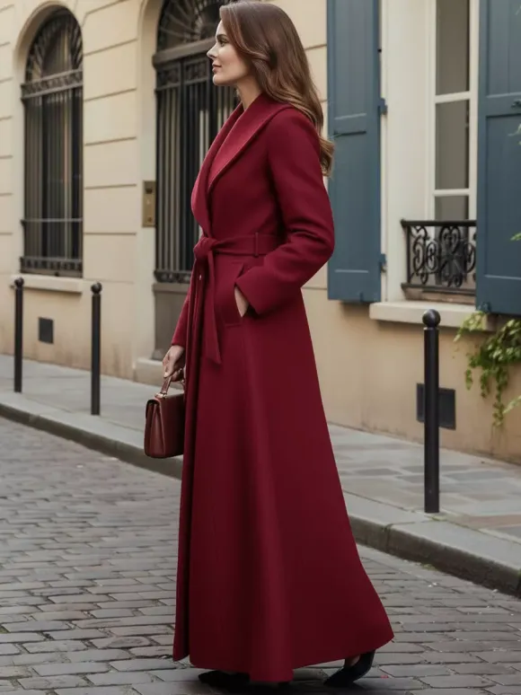 Manteau long en laine ceinturé à col châle et double boutonnage pour femme 2026