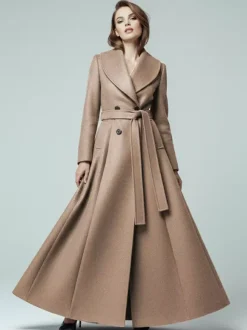 Manteau long en laine ceinturé à col châle et double boutonnage pour femme 2026