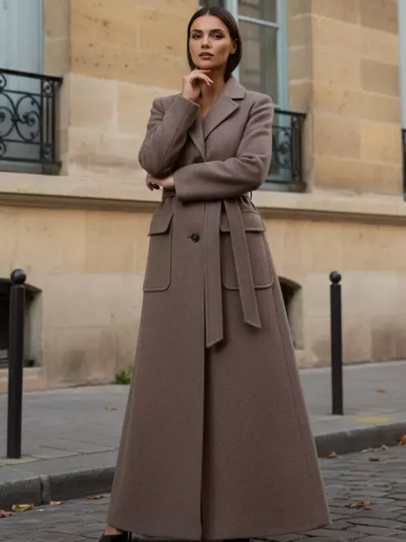 Manteau long maxi en laine avec ceinture revers et grandes poches pour femme (collection 2026)