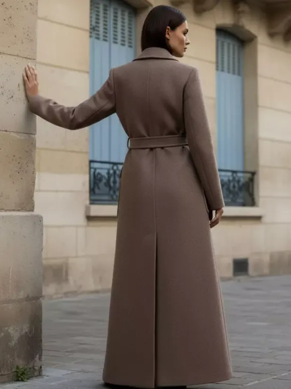 Manteau long maxi en laine avec ceinture revers et grandes poches pour femme (collection 2026)