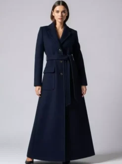 Manteau long maxi en laine avec ceinture revers et grandes poches pour femme (collection 2026)