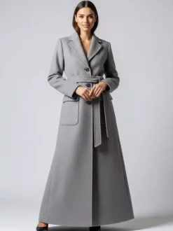 Manteau long maxi en laine avec ceinture revers et grandes poches pour femme (collection 2026)