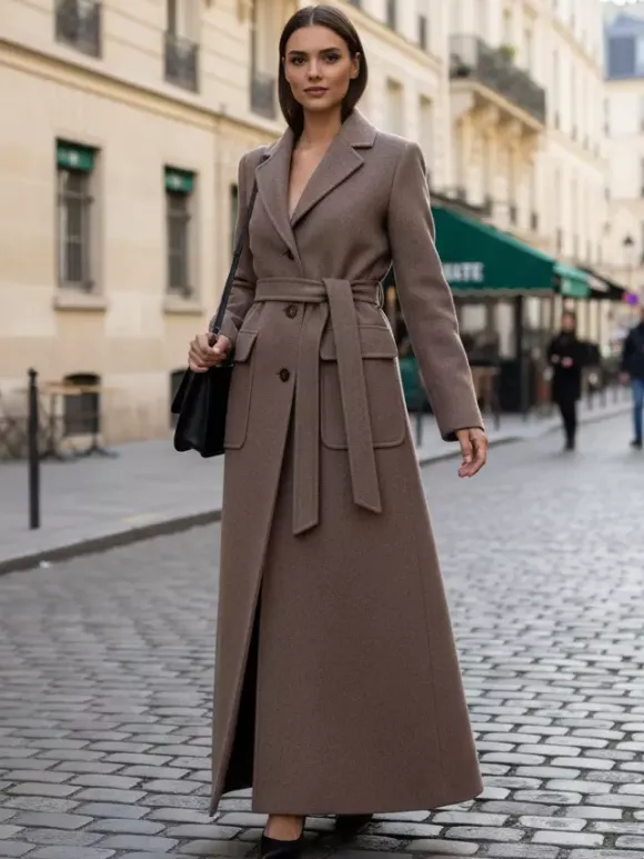 Manteau long maxi en laine avec ceinture revers et grandes poches pour femme (collection 2026)