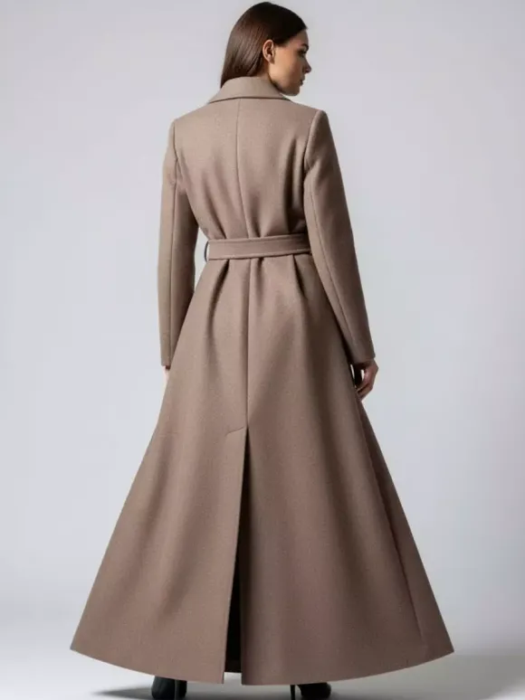 Manteau long maxi en laine avec ceinture revers et grandes poches pour femme (collection 2026)