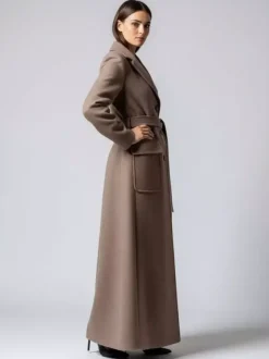 Manteau long maxi en laine avec ceinture revers et grandes poches pour femme (collection 2026)