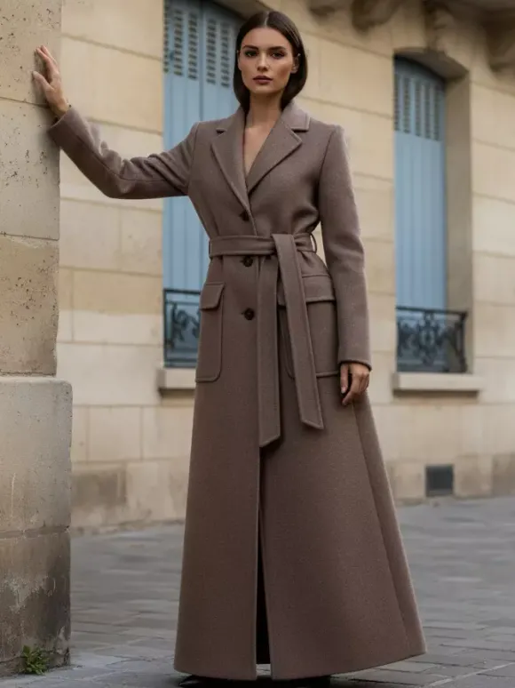 Manteau long maxi en laine avec ceinture revers et grandes poches pour femme (collection 2026)
