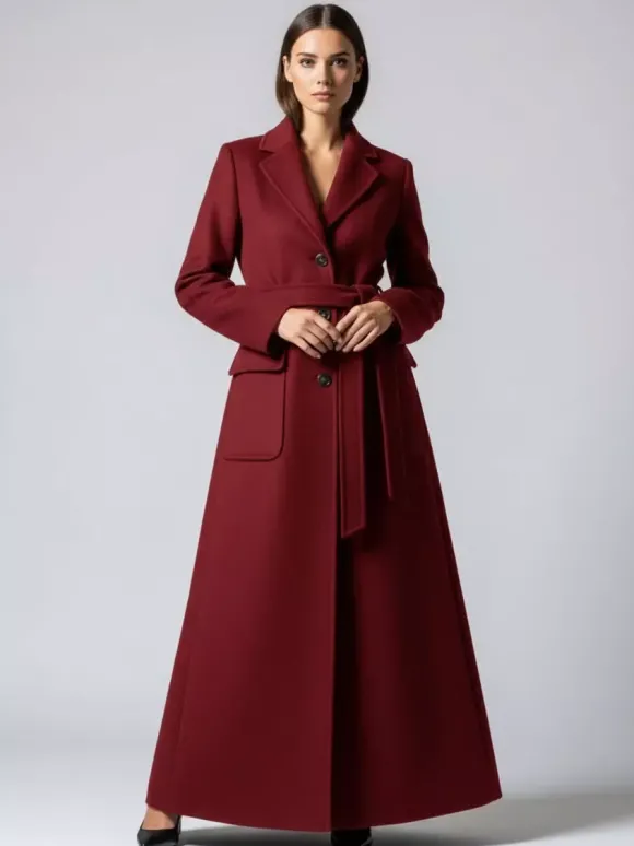 Manteau long maxi en laine avec ceinture revers et grandes poches pour femme (collection 2026)