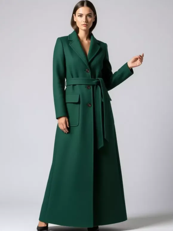 Manteau long maxi en laine avec ceinture revers et grandes poches pour femme (collection 2026)