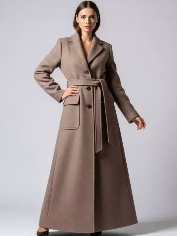 Manteau long maxi en laine avec ceinture revers et grandes poches pour femme (collection 2026)