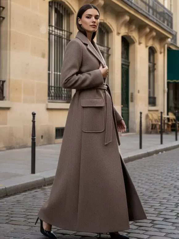 Manteau long maxi en laine avec ceinture revers et grandes poches pour femme (collection 2026)