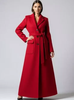 Manteau long maxi en laine avec ceinture revers et grandes poches pour femme (collection 2026)