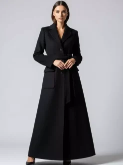 Manteau long maxi en laine avec ceinture revers et grandes poches pour femme (collection 2026)