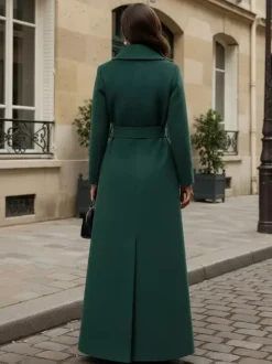 Manteau long maxi en laine ceinturé avec large col châle pour femme 2026