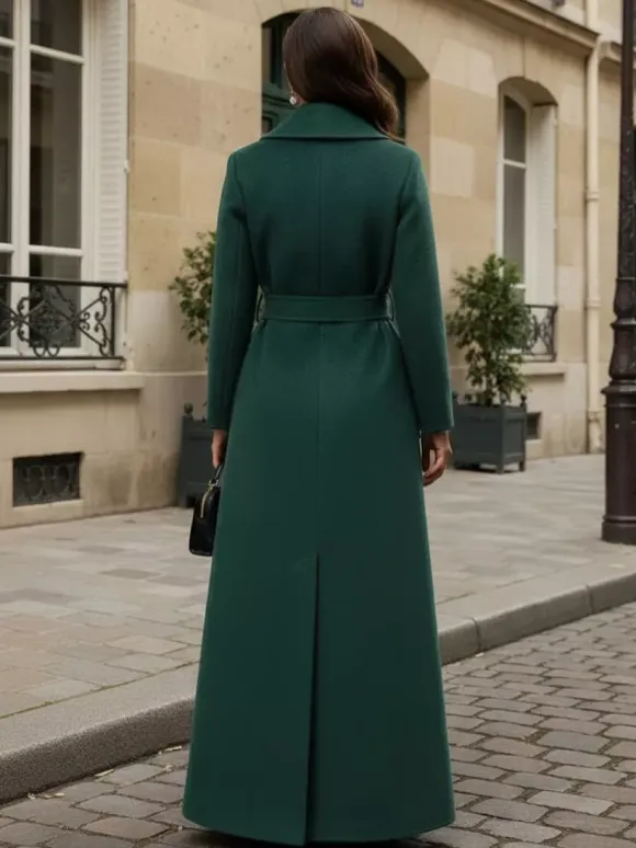 Manteau long maxi en laine ceinturé avec large col châle pour femme 2026