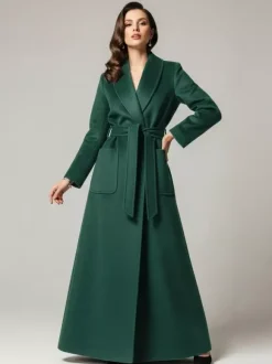 Manteau long maxi en laine ceinturé avec large col châle pour femme 2026
