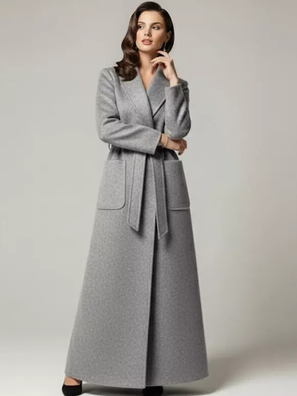 Manteau long maxi en laine ceinturé avec large col châle pour femme 2026