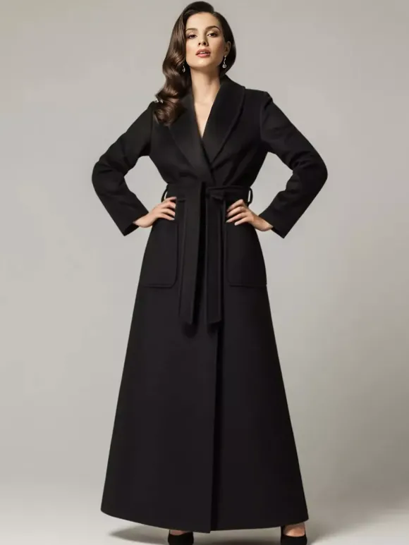 Manteau long maxi en laine ceinturé avec large col châle pour femme 2026