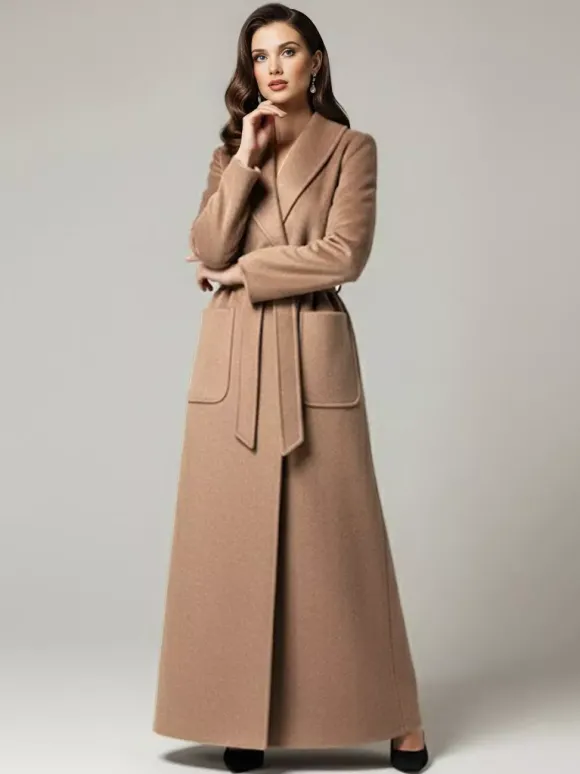 Manteau long maxi en laine ceinturé avec large col châle pour femme 2026