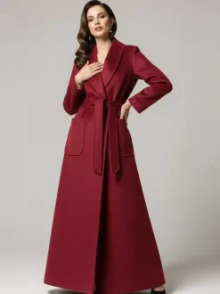 Manteau long maxi en laine ceinturé avec large col châle pour femme 2026