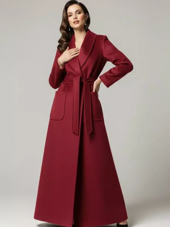 Manteau long maxi en laine ceinturé avec large col châle pour femme 2026