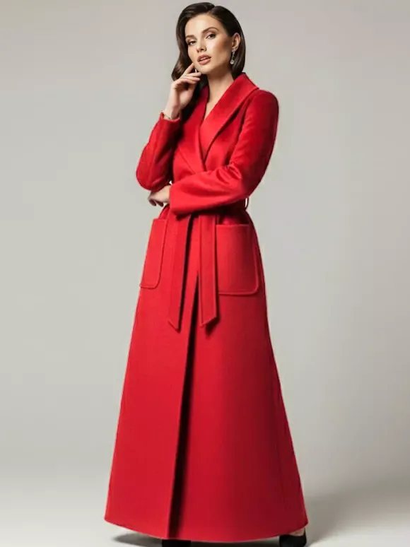 Manteau long maxi en laine ceinturé avec large col châle pour femme 2026