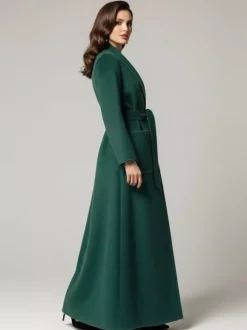 Manteau long maxi en laine ceinturé avec large col châle pour femme 2026