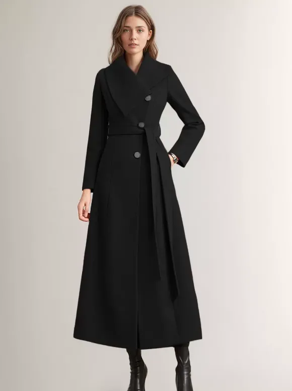 Manteau long pour femme avec ceinture rouge et col large vêtement d'extérieur chaud pour l'hiver 2026