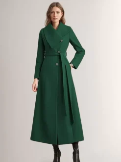 Manteau long pour femme avec ceinture rouge et col large vêtement d'extérieur chaud pour l'hiver 2026