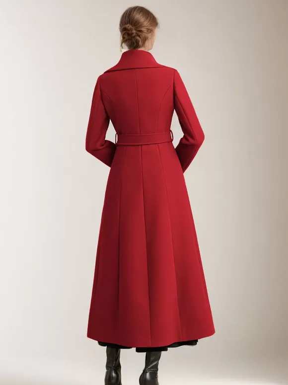 Manteau long pour femme avec ceinture rouge et col large vêtement d'extérieur chaud pour l'hiver 2026