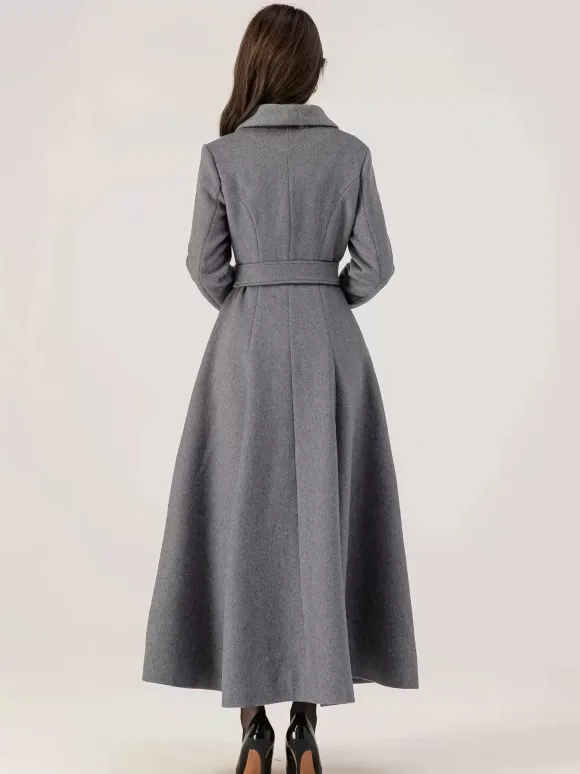 Manteau long évasé en laine gris ceinturé pour femme vêtement d'extérieur d'hiver long pour femme 2026