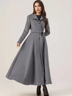 Manteau long évasé en laine gris ceinturé pour femme vêtement d'extérieur d'hiver long pour femme 2026