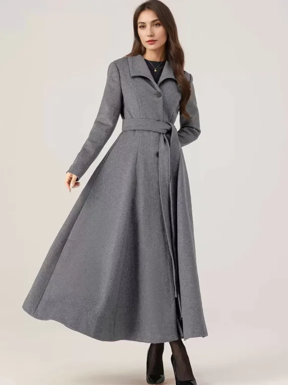 Manteau long évasé en laine gris ceinturé pour femme vêtement d'extérieur d'hiver long pour femme 2026