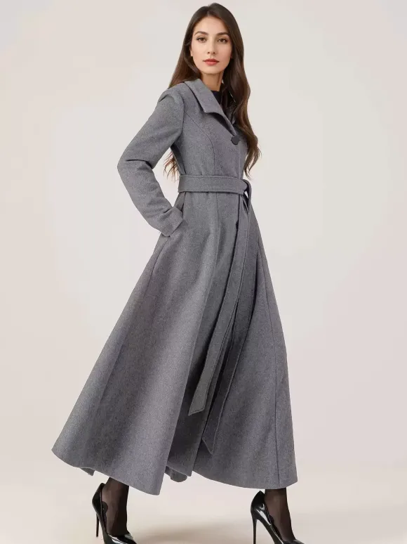 Manteau long évasé en laine gris ceinturé pour femme vêtement d'extérieur d'hiver long pour femme 2026